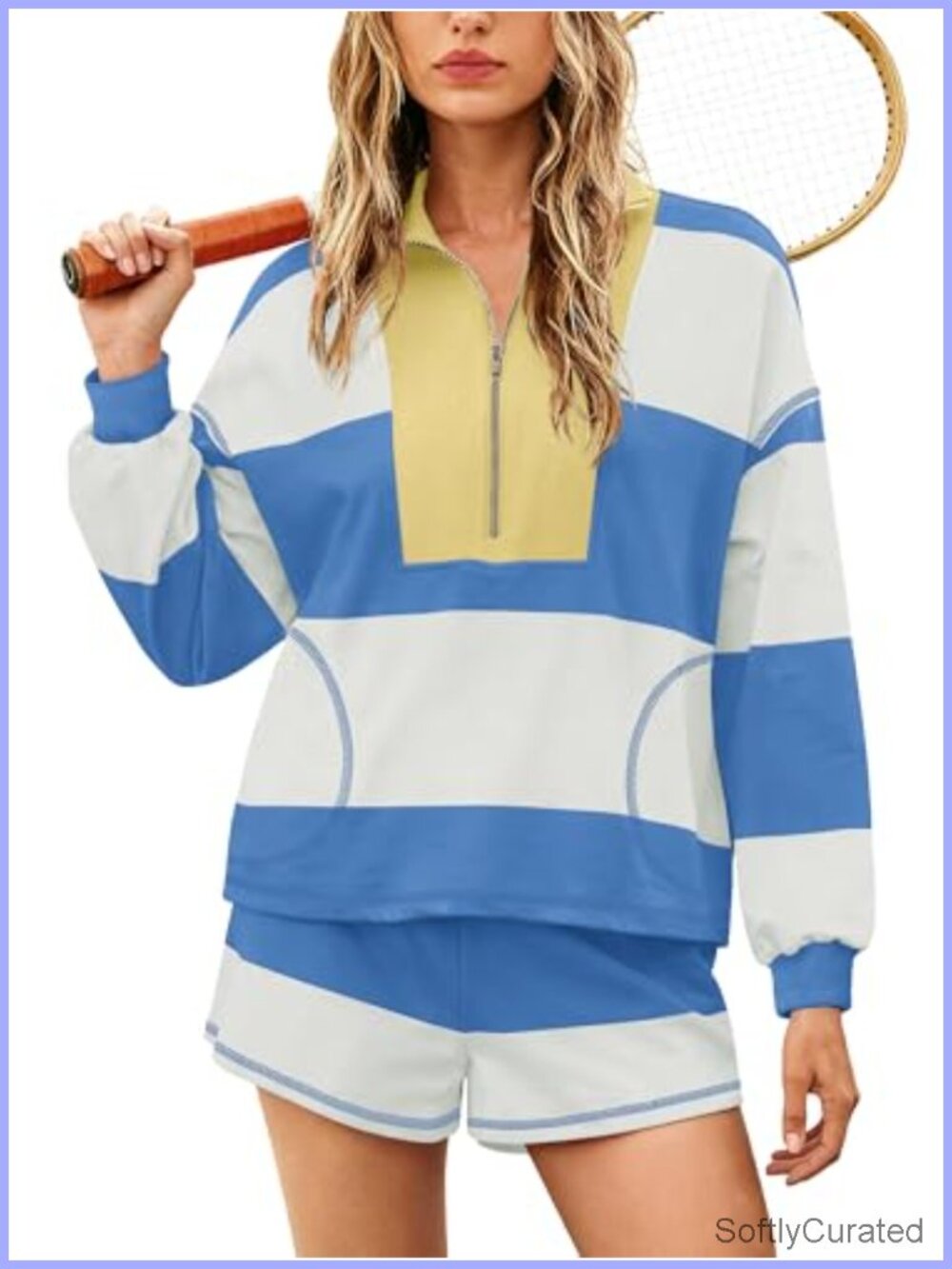 Oversized Striped Lounge Set 2 Piece Track Suit Half Zip Pullover Shorts
